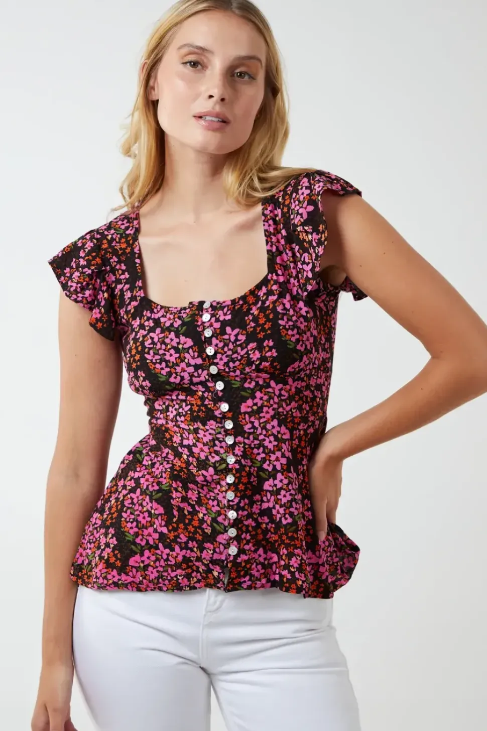 Milkmaid Button Front Peplum Top