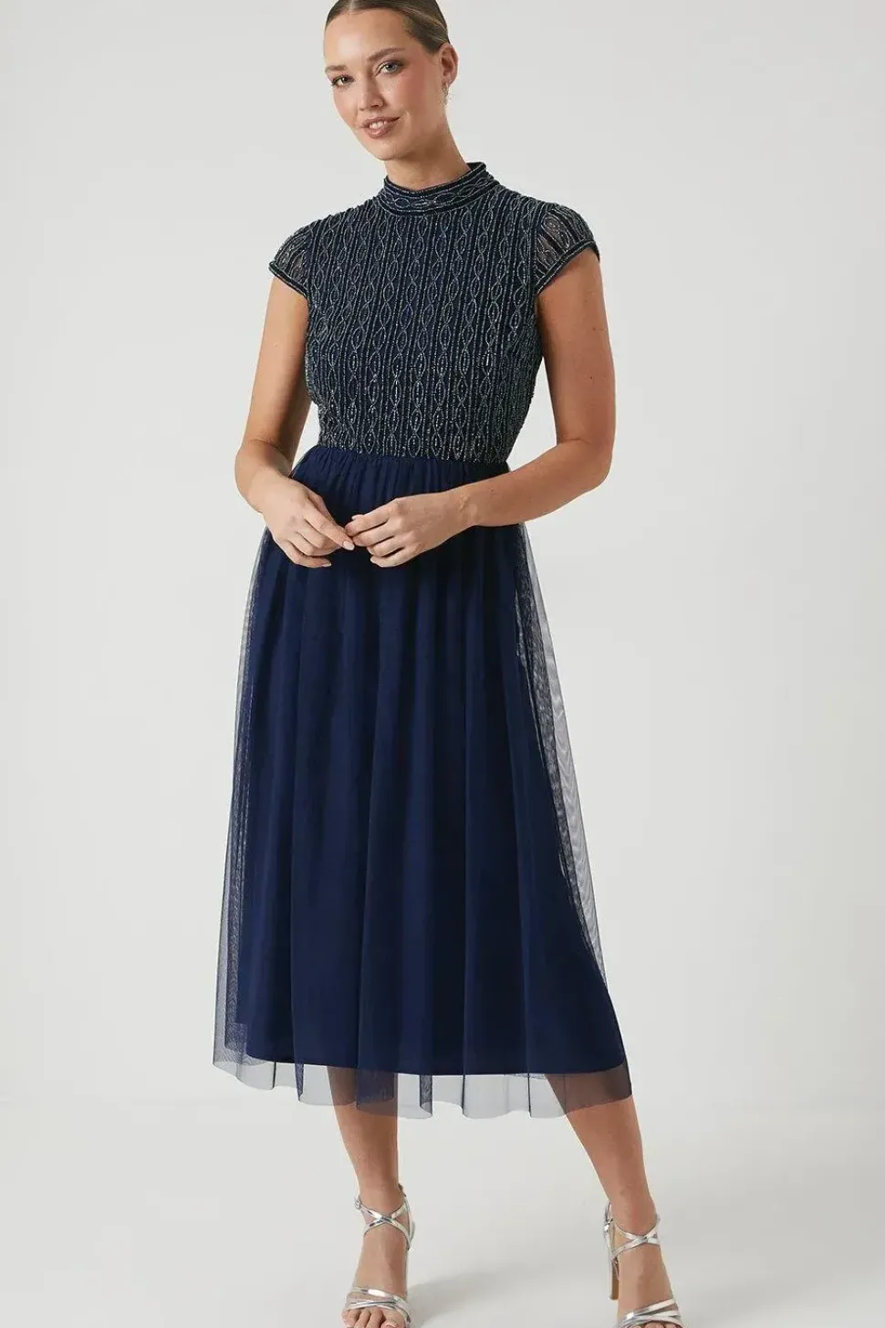 Mixed Bead Cap Sleeve Bridesmaid Midi Dress