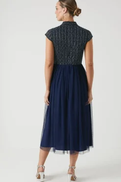 Mixed Bead Cap Sleeve Bridesmaid Midi Dress