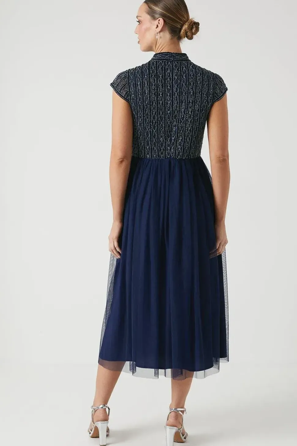 Mixed Bead Cap Sleeve Bridesmaid Midi Dress