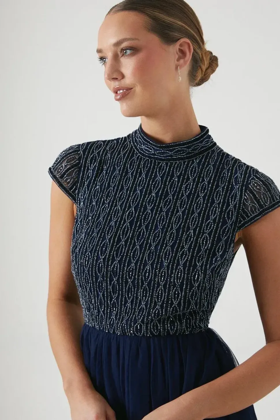 Mixed Bead Cap Sleeve Bridesmaid Midi Dress