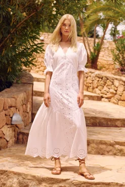 Mixed Broderie Button Front Puff Sleeve Maxi Dress