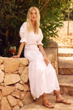 Mixed Broderie Button Front Puff Sleeve Maxi Dress