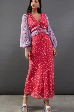 Mixed Chiffon Ruffle Midi Tea Dress