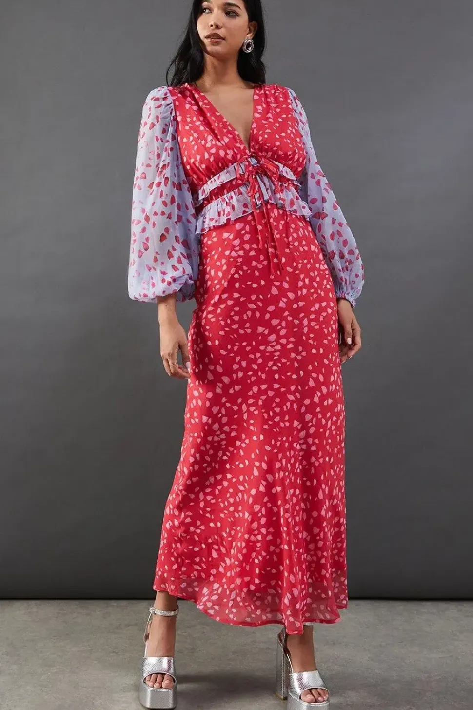Mixed Chiffon Ruffle Midi Tea Dress