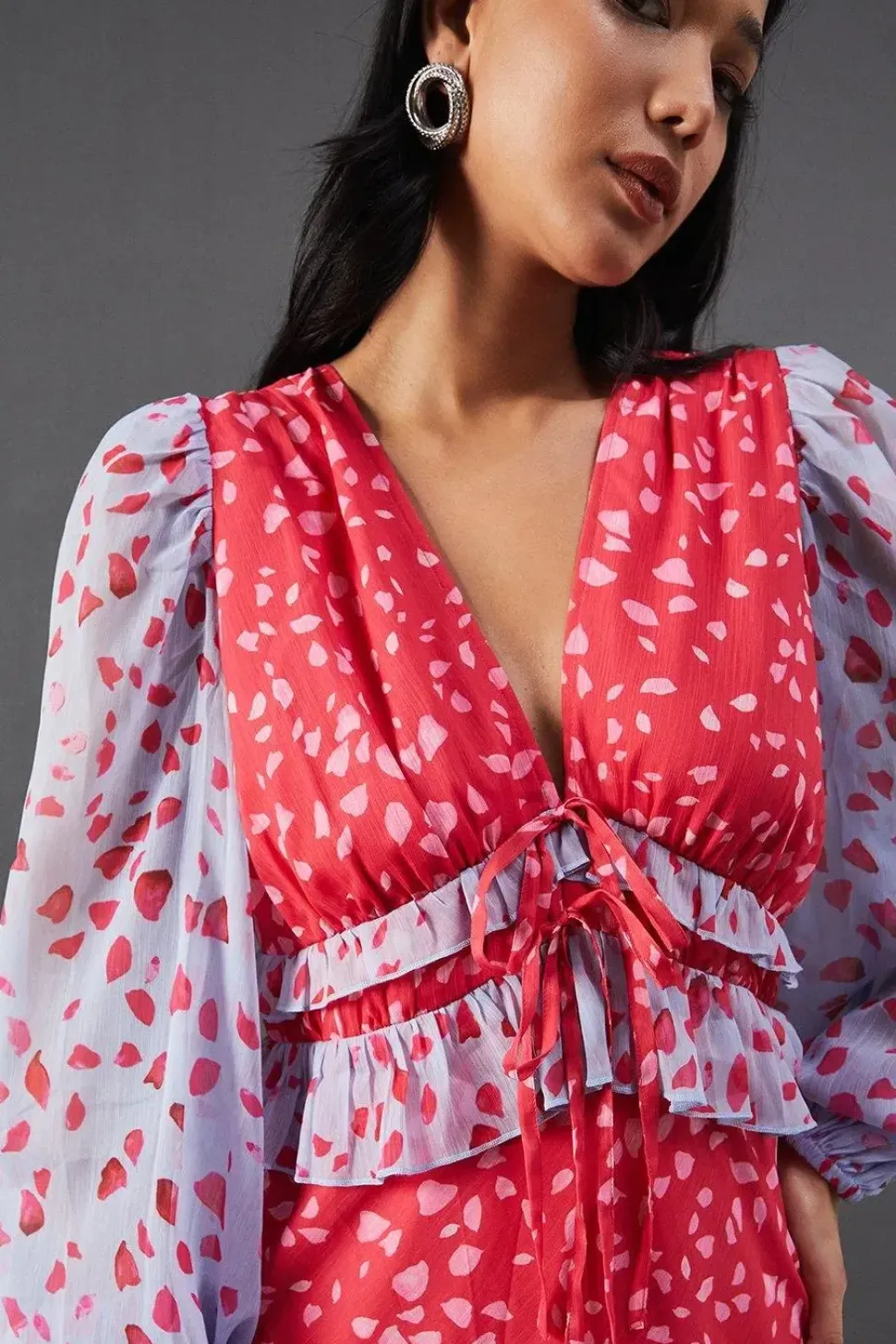 Mixed Chiffon Ruffle Midi Tea Dress