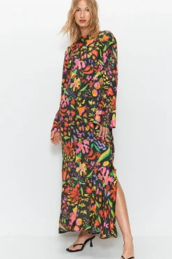 Mixed Floral Jacquard Flute Sleeve Jacquard Midi Dress