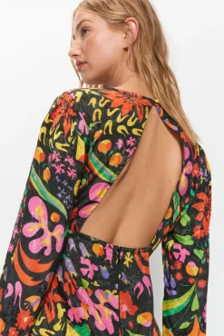Mixed Floral Jacquard Flute Sleeve Jacquard Midi Dress