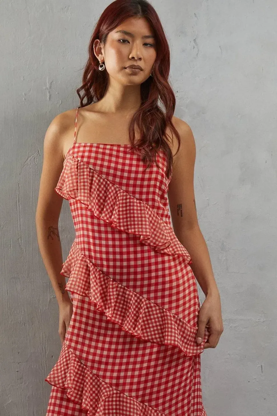 Mixed Gingham Print Ruffle Strappy Slip Dress