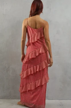 Mixed Gingham Print Ruffle Strappy Slip Dress