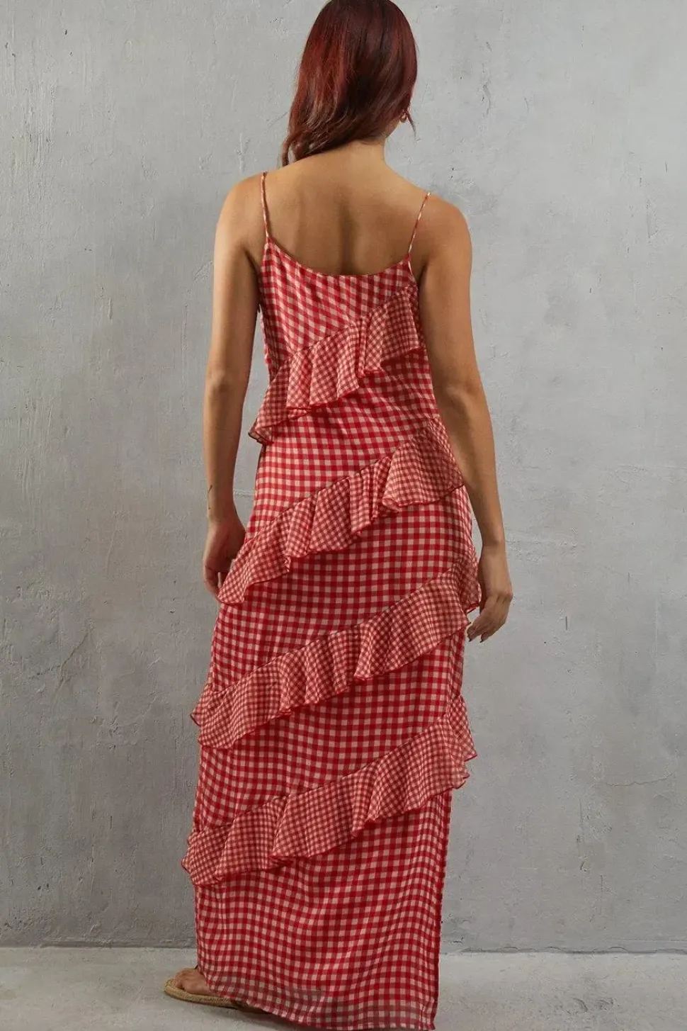 Mixed Gingham Print Ruffle Strappy Slip Dress