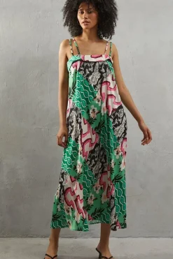 Mixed Print Satin Strappy Square Neck Midi Sundress
