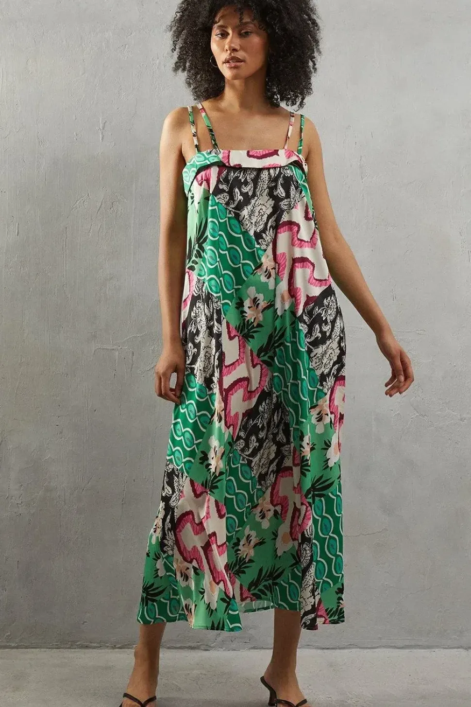 Mixed Print Satin Strappy Square Neck Midi Sundress