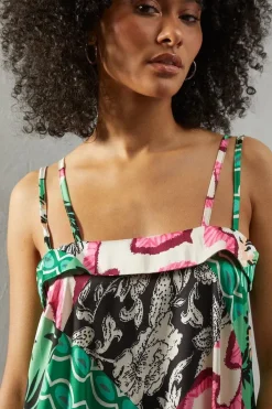 Mixed Print Satin Strappy Square Neck Midi Sundress