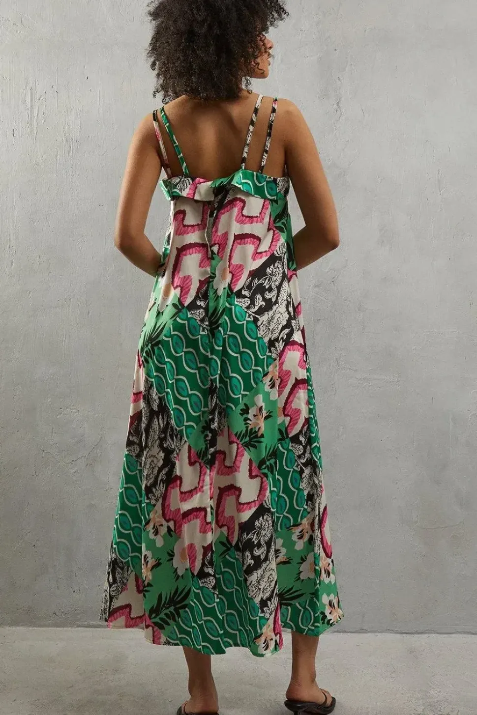 Mixed Print Satin Strappy Square Neck Midi Sundress