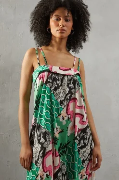 Mixed Print Satin Strappy Square Neck Midi Sundress