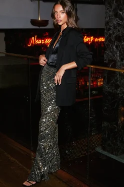 Mixed Sequin Slim Flare Pant