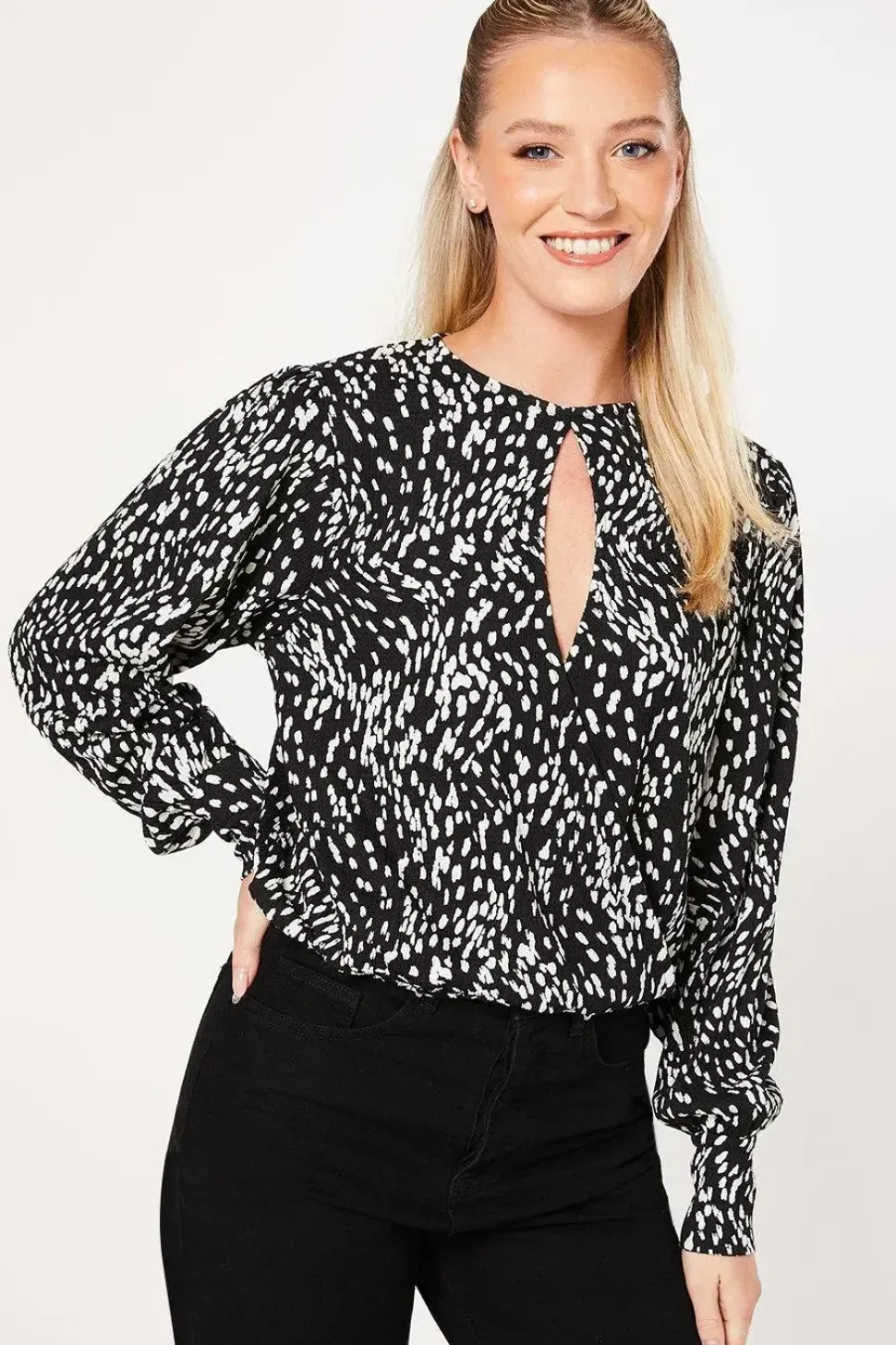 Mono Abstract Keyhole Long Sleeve Wrap Top