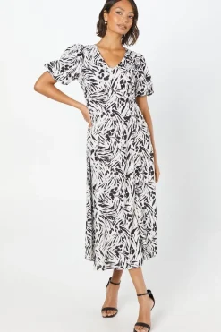 Mono Abstract V Neck Puff Sleeve Midi Dress