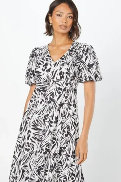 Mono Abstract V Neck Puff Sleeve Midi Dress