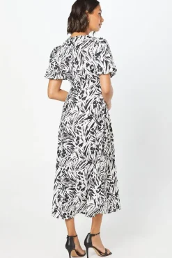 Mono Abstract V Neck Puff Sleeve Midi Dress