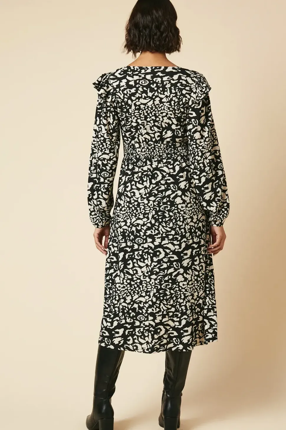 Mono Animal Frill shoulder shirred waist long sleeve midi dress