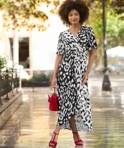 Monochrome Animal Print Silky Wrap Midi Dress
