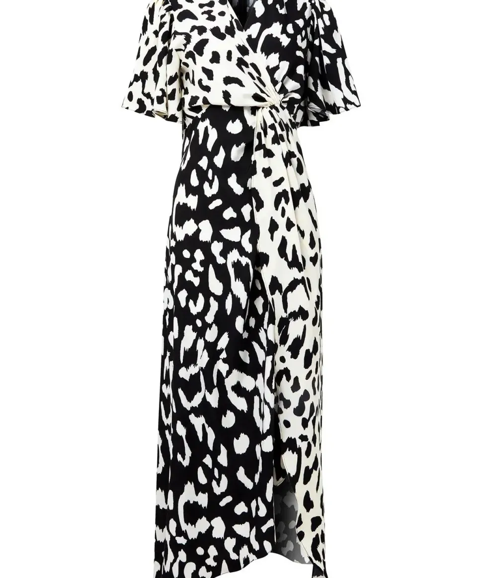 Monochrome Animal Print Silky Wrap Midi Dress