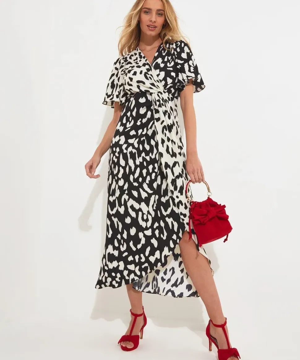 Monochrome Animal Print Silky Wrap Midi Dress