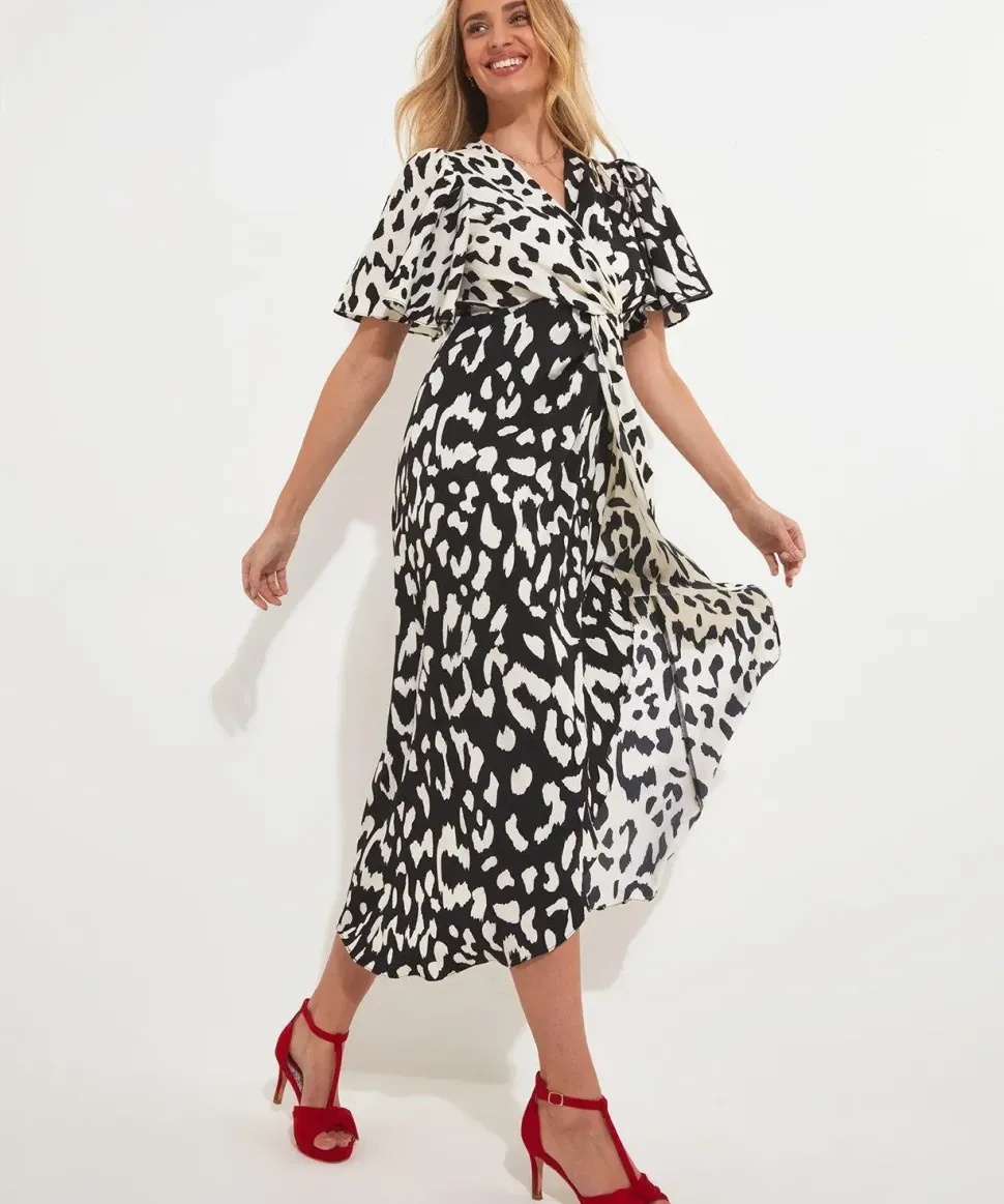 Monochrome Animal Print Silky Wrap Midi Dress