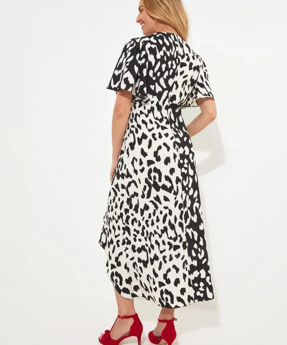 Monochrome Animal Print Silky Wrap Midi Dress