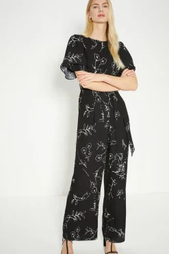 Mono Floral Printed Crepe Belted Jumpsuit