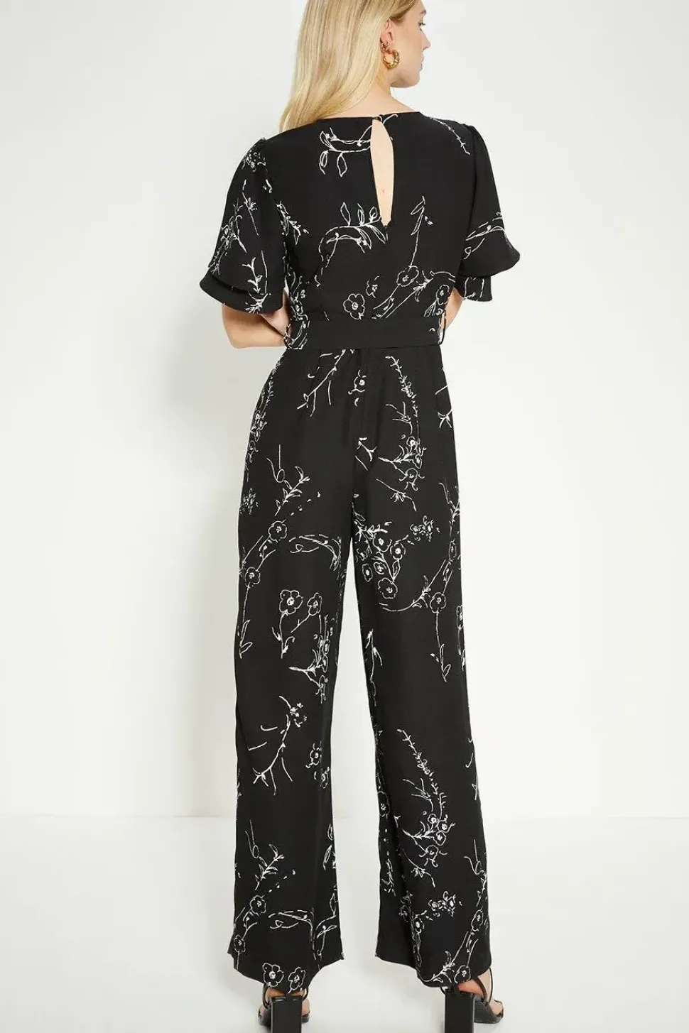 Mono Floral Printed Crepe Belted Jumpsuit