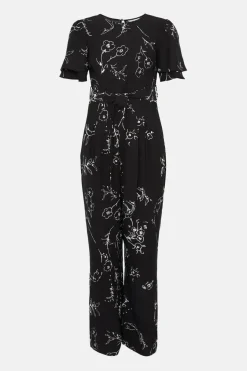 Mono Floral Printed Crepe Belted Jumpsuit