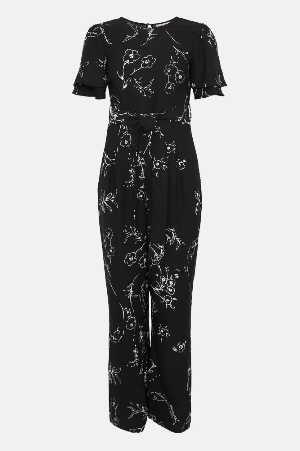 Mono Floral Printed Crepe Belted Jumpsuit