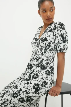 Mono Floral Shirred Waist Midi Dress