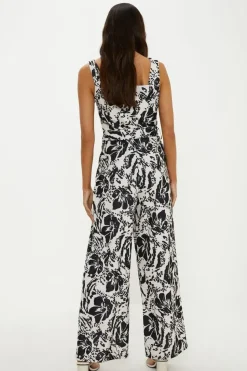 Mono Floral Sweetheart Neck Belted Jumpsuit
