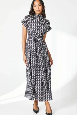 Mono Geo Twist Neck Midi Dress