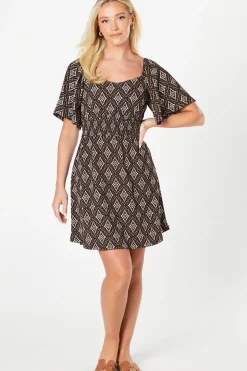 Mono Print Shirred Waist Mini Dress