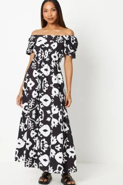 Mono Shirred Waist Square Neck Midi Dress