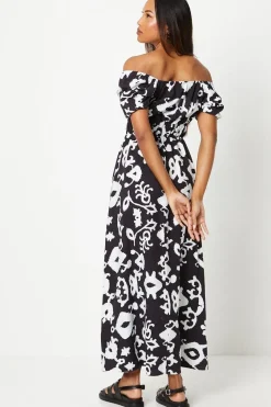 Mono Shirred Waist Square Neck Midi Dress