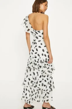 Mono Spot Asymmetric Ruffle Midi Dress