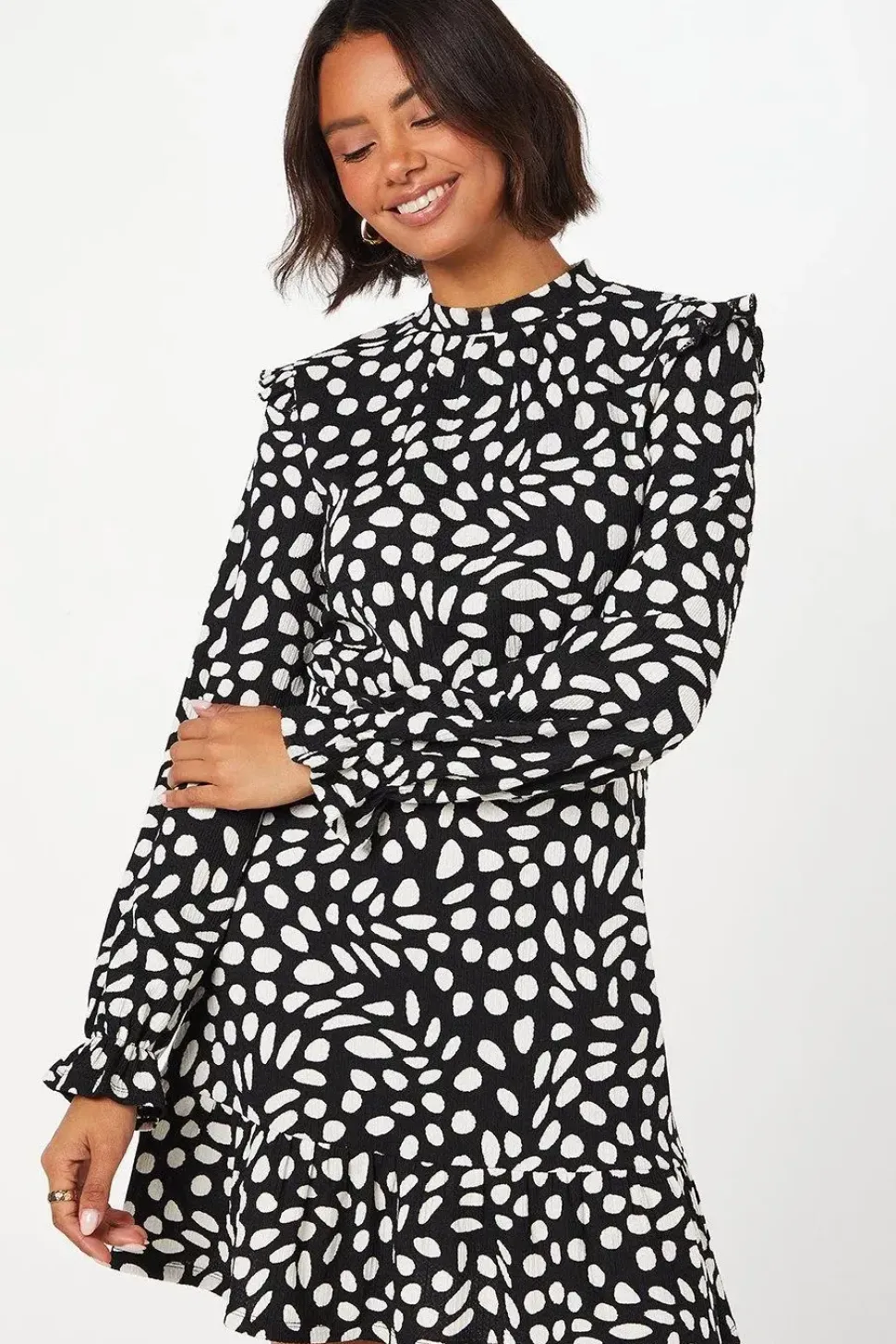 Mono Spot Frill Hem Mini Dress