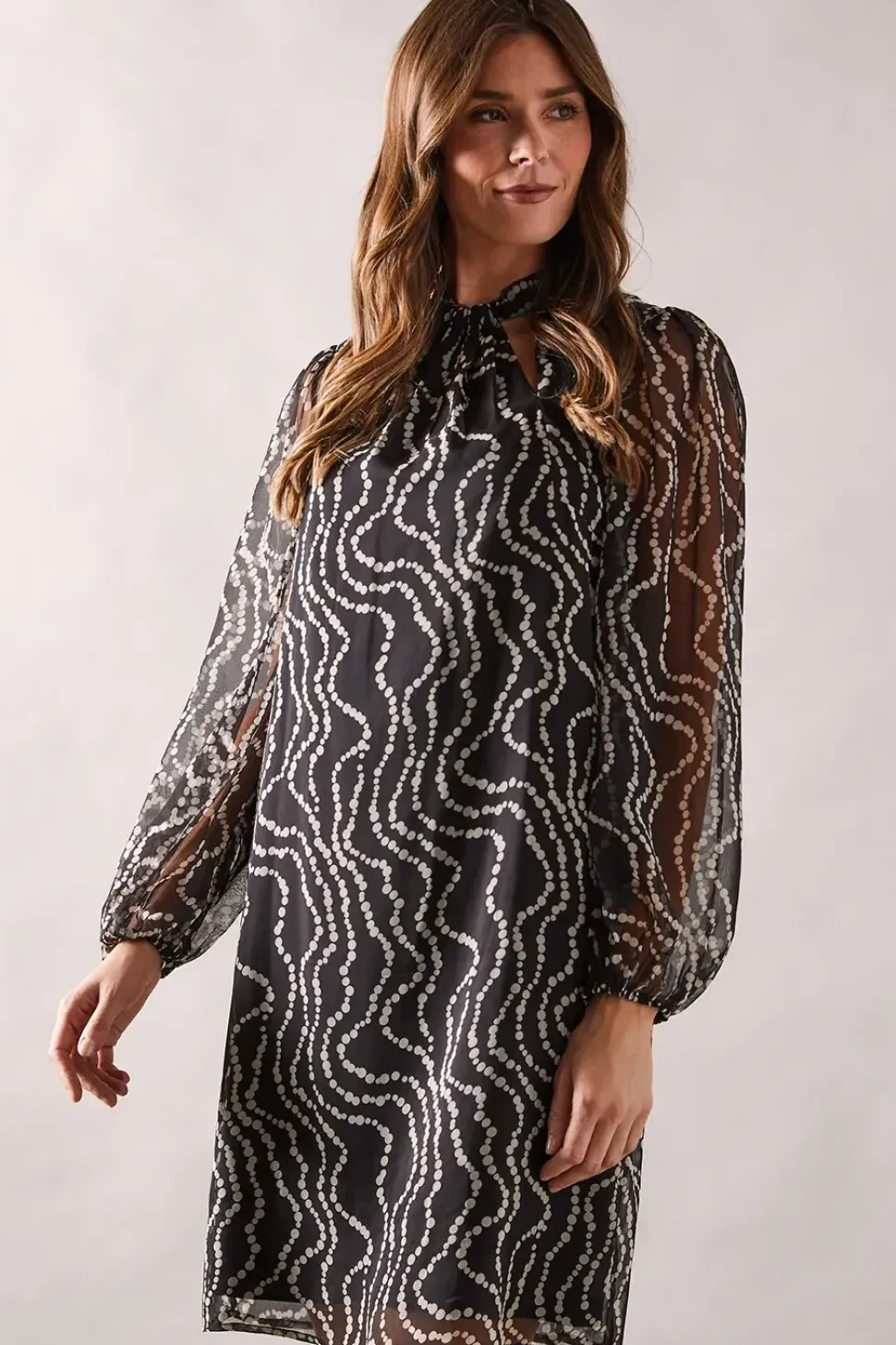 Mono Spot Ruffle Neck Shift Dress