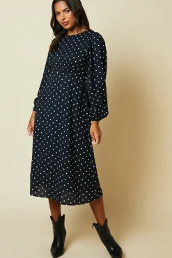 Mono Spot Shirred Waist Long Sleeve Midi Dress