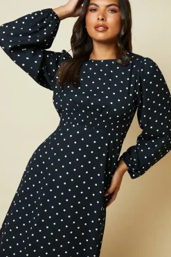 Mono Spot Shirred Waist Long Sleeve Midi Dress