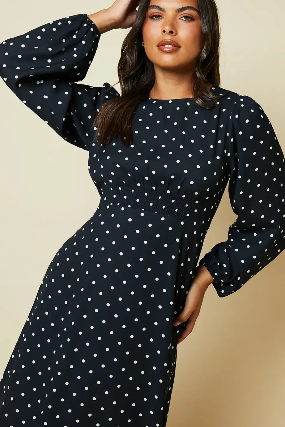 Mono Spot Shirred Waist Long Sleeve Midi Dress
