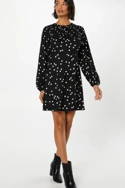 Mono Spot Shirred Yoke Mini Dress
