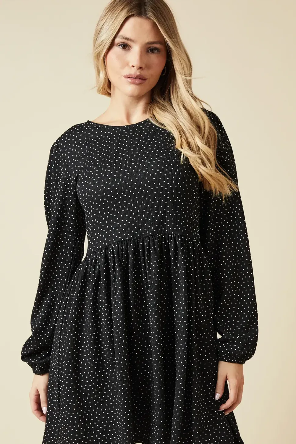 Mono Spot Tie Back Long Sleeve Mini Dress