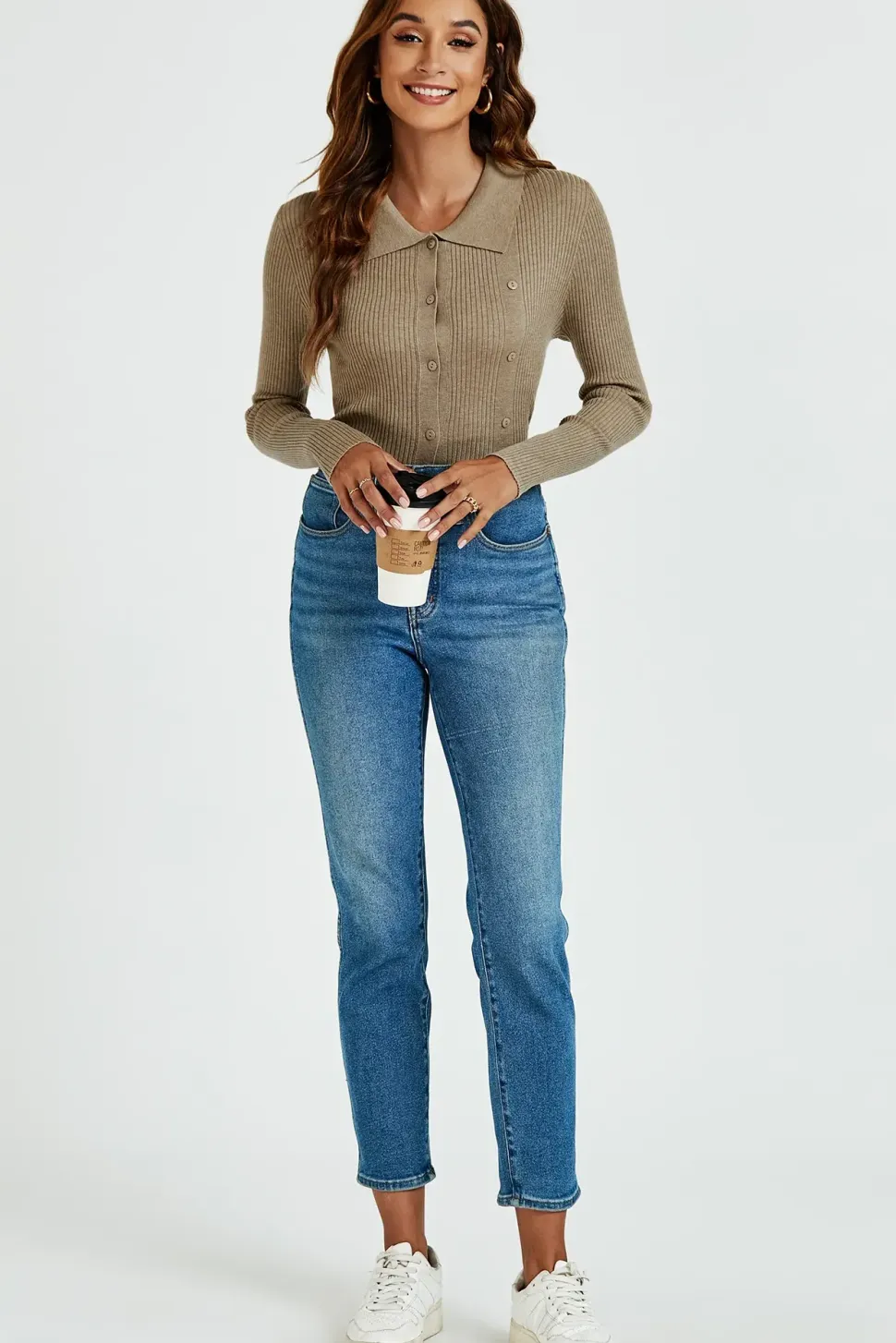 Morgan collar Double Breasted Knit Top In Beige
